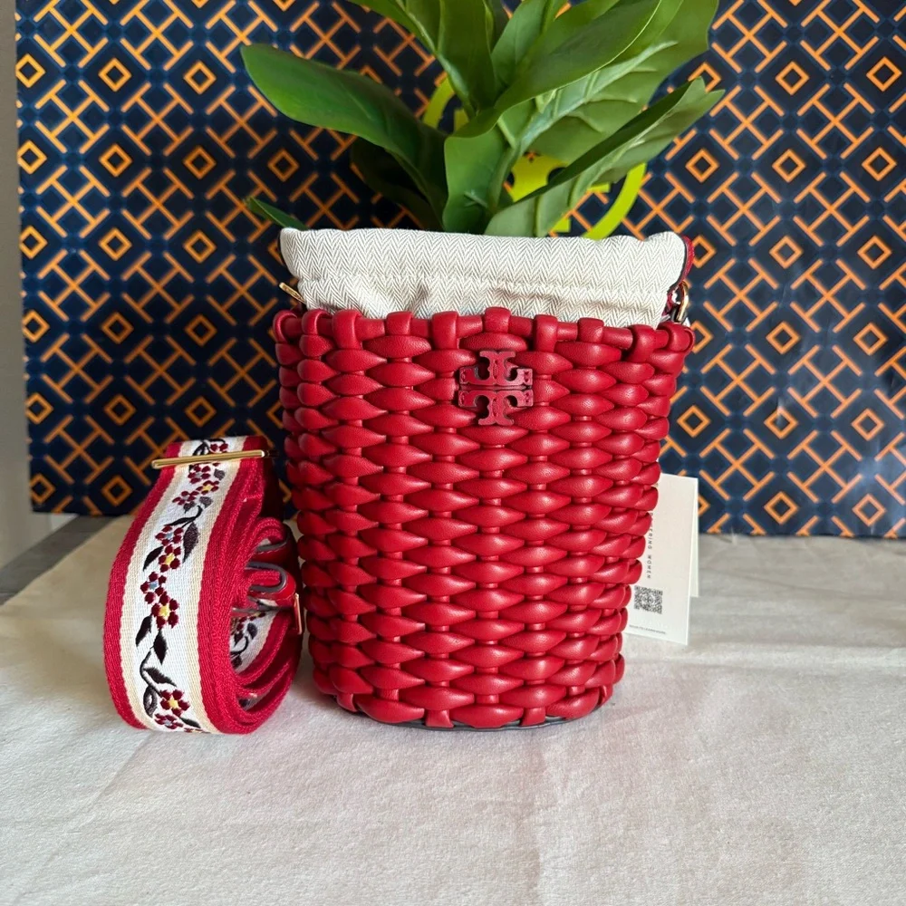 NWT Emerson Warm Red Woven mini Bucket Bag with Embroidered Strap